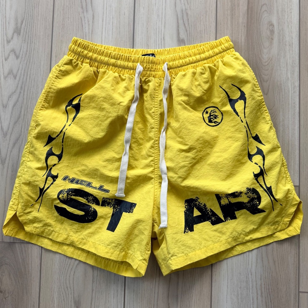 Hellstar Path To Paradise Shorts Mens XL Yellow Graphic Mesh Lined Streetwear
